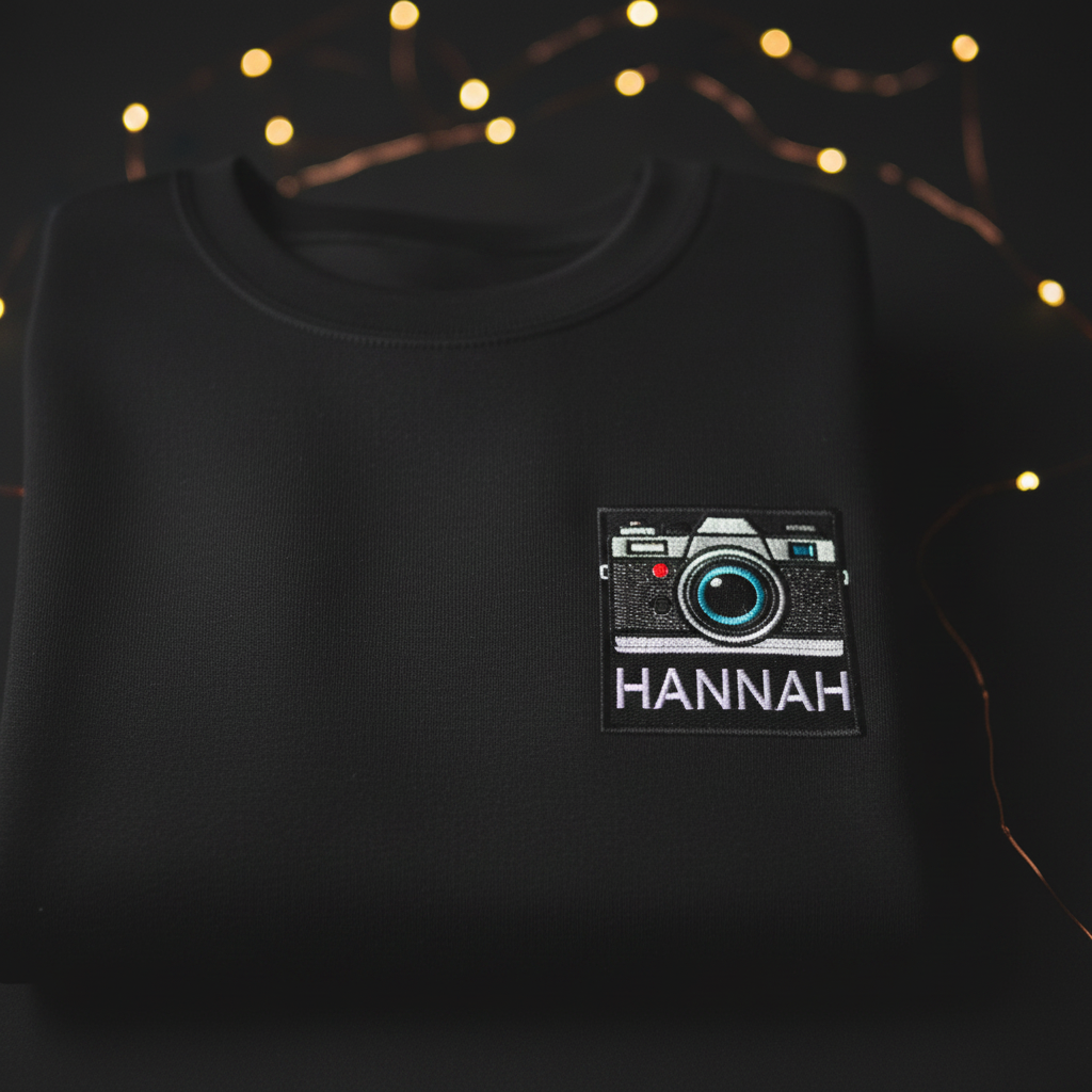 Black sweatshirt with embroidered camera patch and HANNAH name