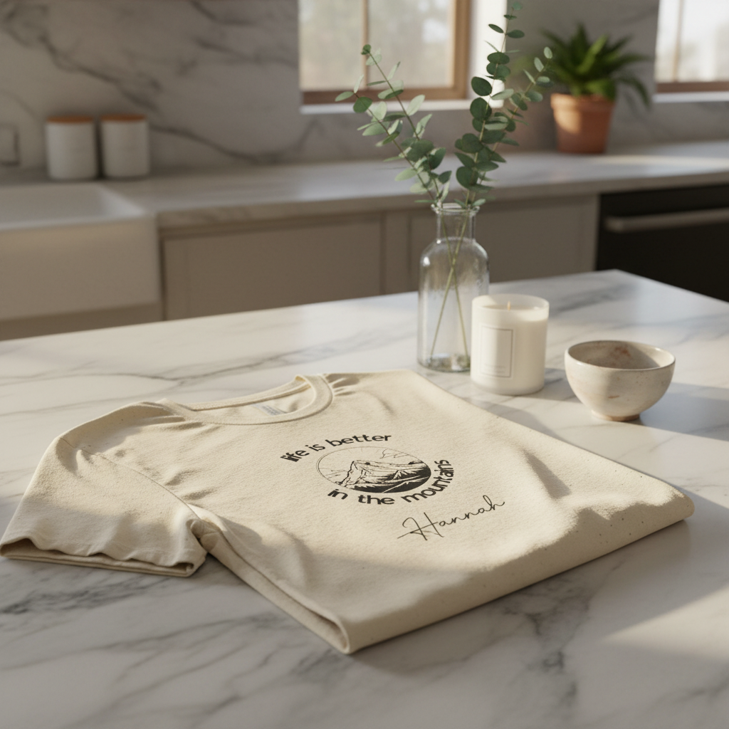Hannah — Natural tee, marble kitchen counter