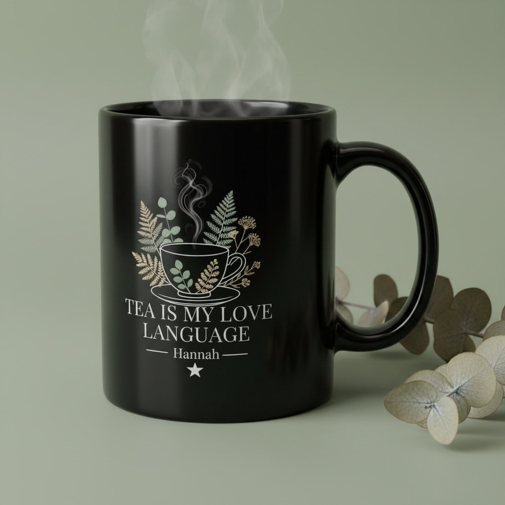 Black personalised tea mug with steam; 'Tea Is My Love Language'—Hannah