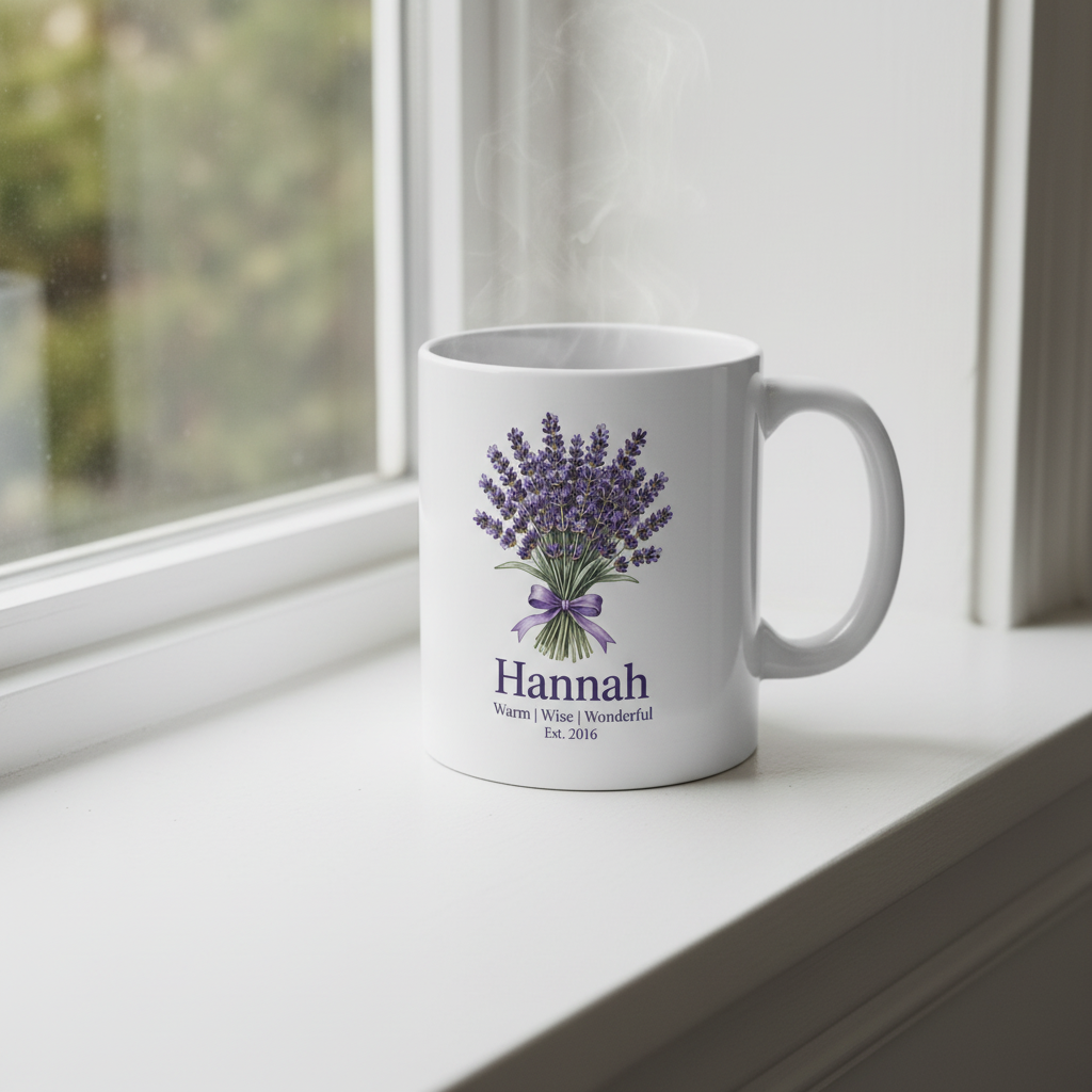 White ceramic mug with lavender bouquet graphic and name Hannah