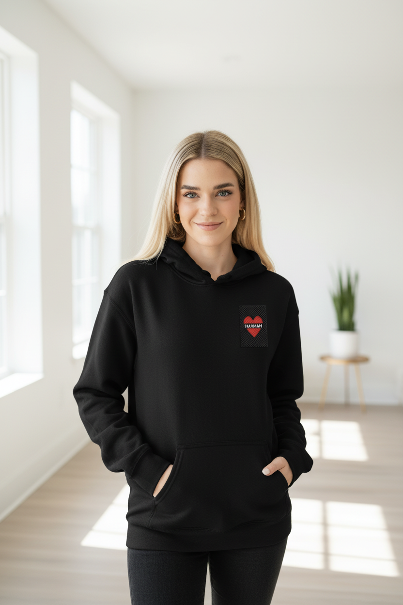 Black hoodie with heart name patch 'MUM' on chest and front kangaroo pocket