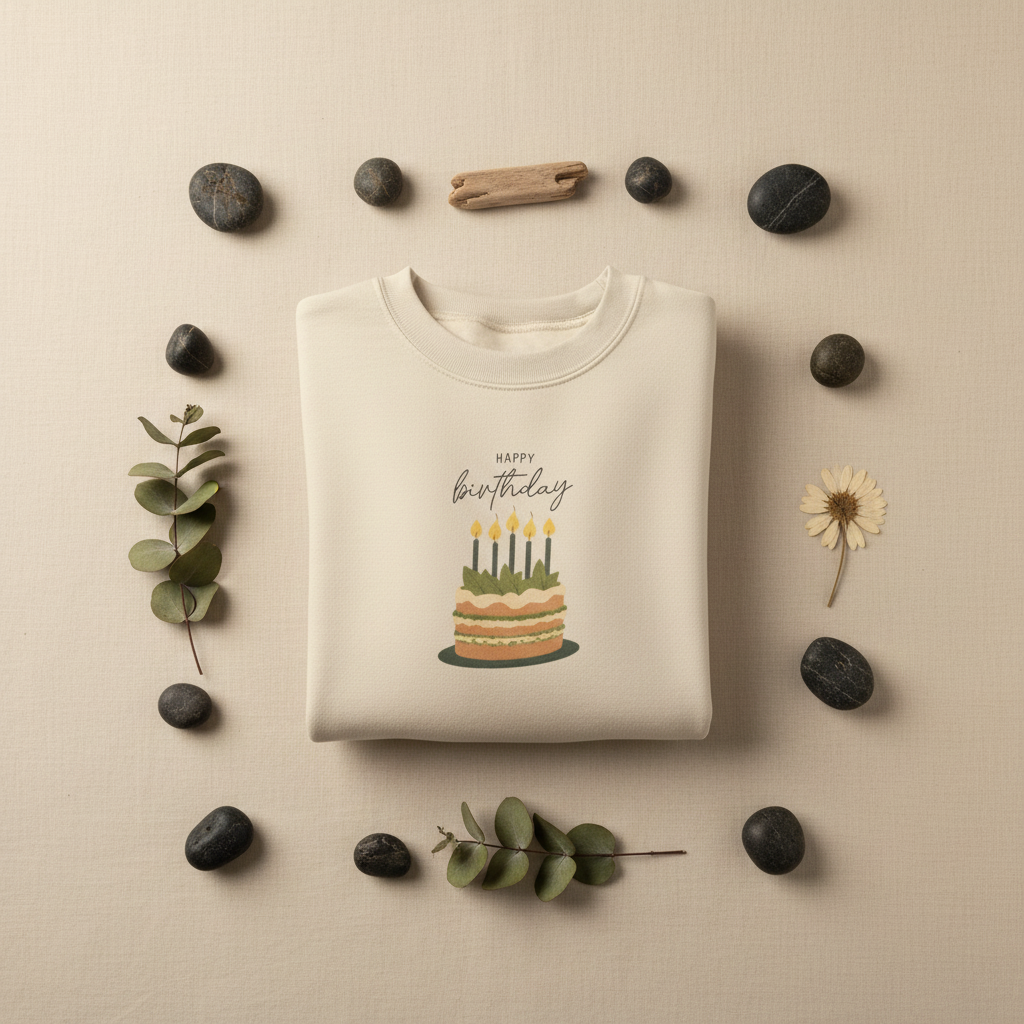 White crewneck sweatshirt with Happy birthday cake graphic on the chest