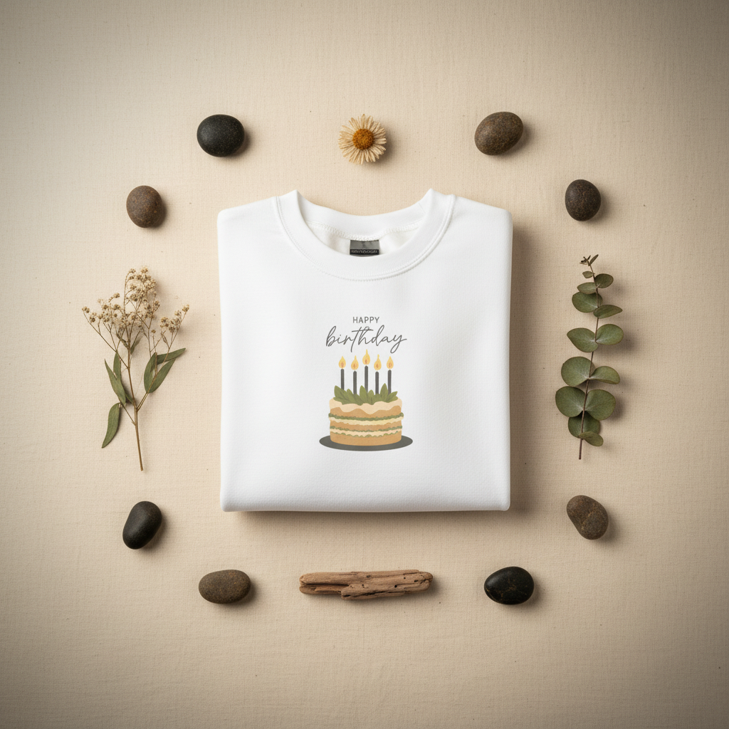White birthday cake sweatshirt with front "Happy birthday" and cake graphic, crew neck.
