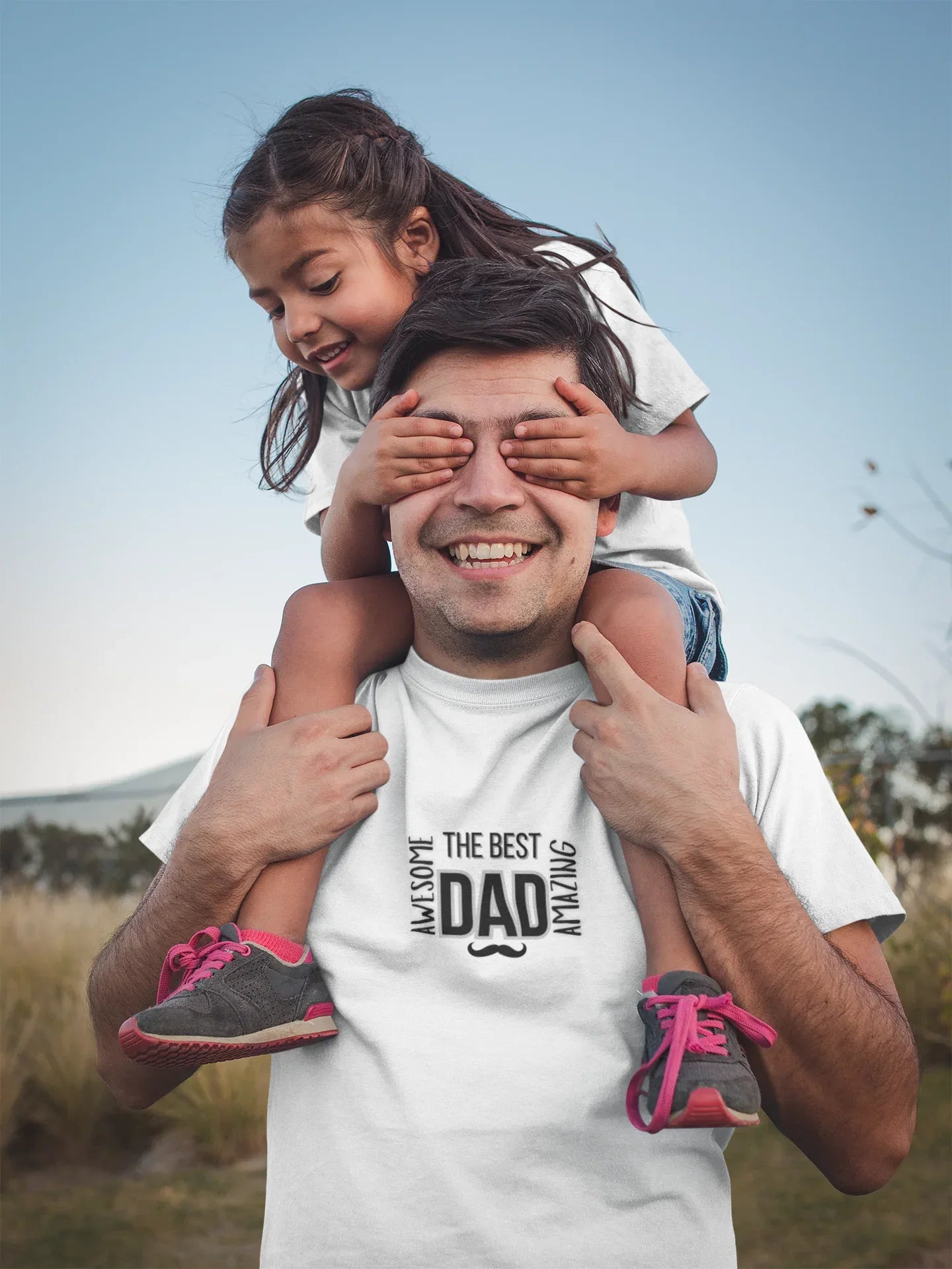 White heavy cotton T-shirt with “The Best Dad” graphic and decorative mustache print.