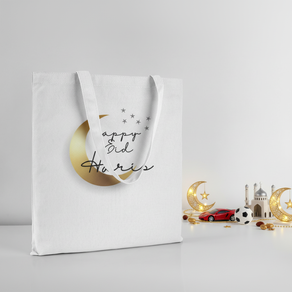 Happy Eid Haris White Tote - Clean Background with Eid & Boy Toys