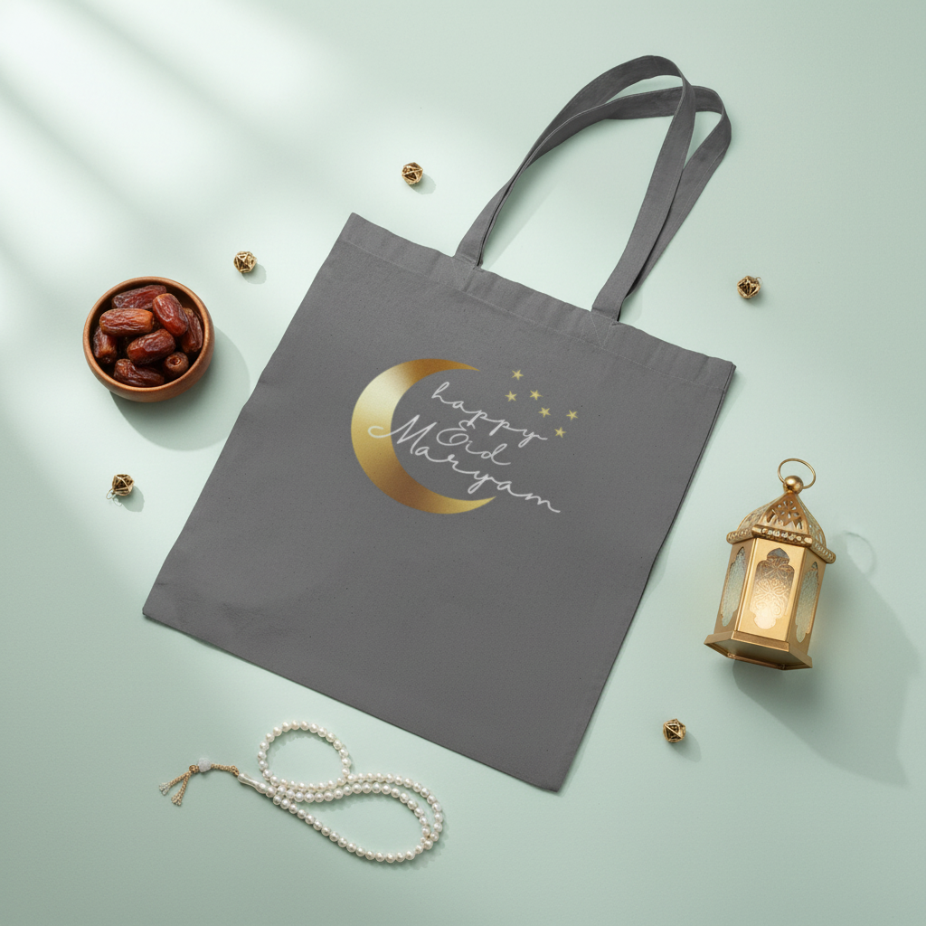 Happy Eid Maryam Grey Tote - Flatlay with Eid Elements