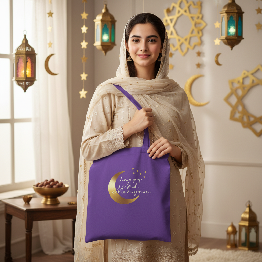 Happy Eid Maryam Purple Tote - Pakistani Girl Exact Design