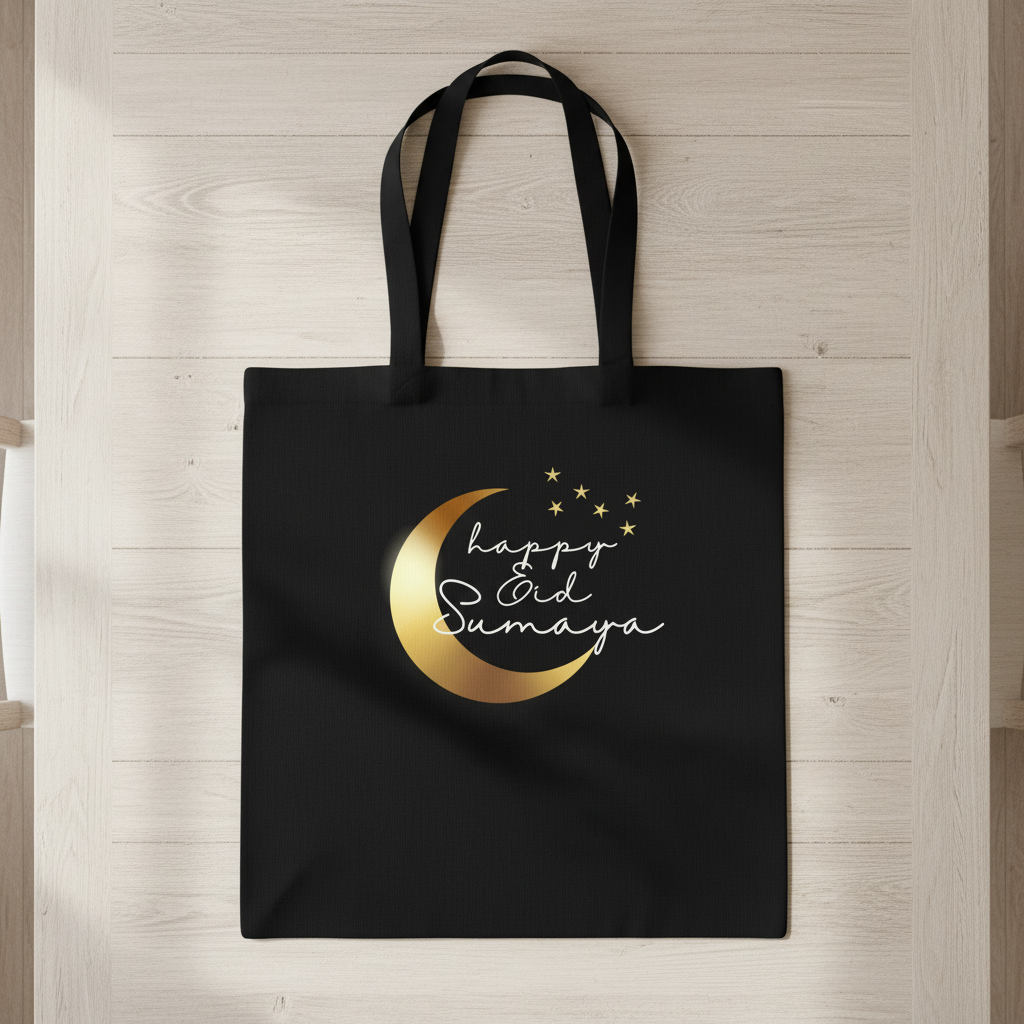 Happy Eid Sumaya Black Tote - Tall Rectangular Smaller Design on Table