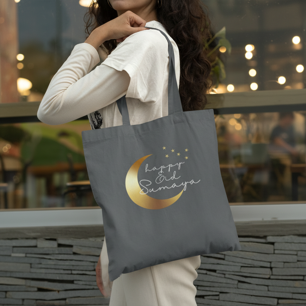 Happy Eid Sumaya Grey Tote - Woman with Straight Hair in Eid Clothes