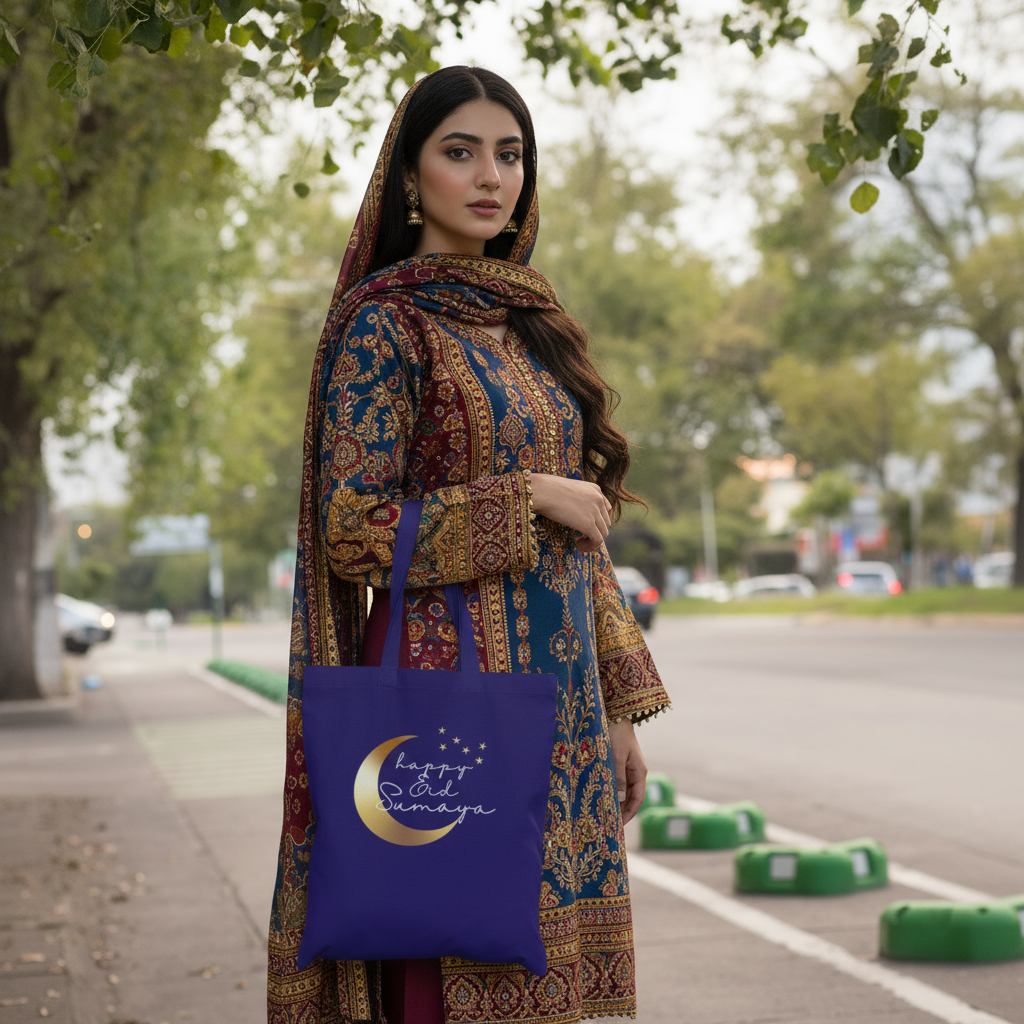 Happy Eid Sumaya Navy Blue Tote - Pakistani Woman in Traditional Eid Outfit