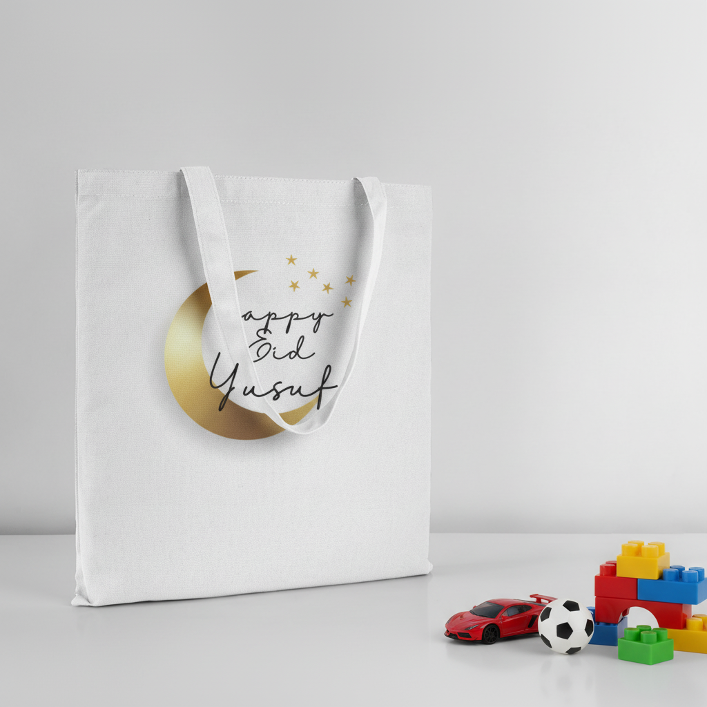 Happy Eid Yusuf White Tote - Clean Background with Boy Stuff