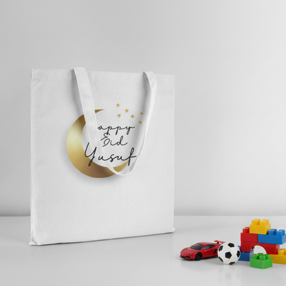 Happy Eid Yusuf White Tote - Clean Background with Boy Stuff
