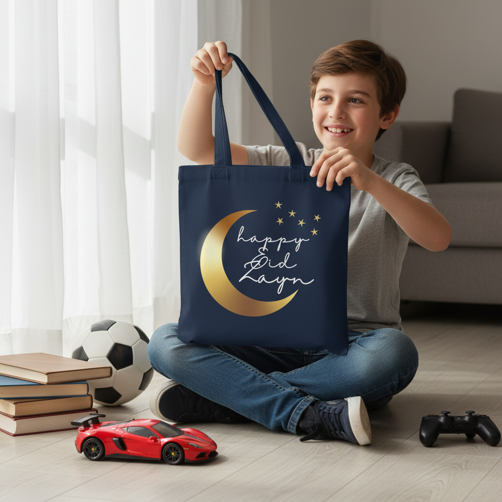 Happy Eid Zayn Navy Blue Tote - 11 Year Old Boy with Boy Stuff