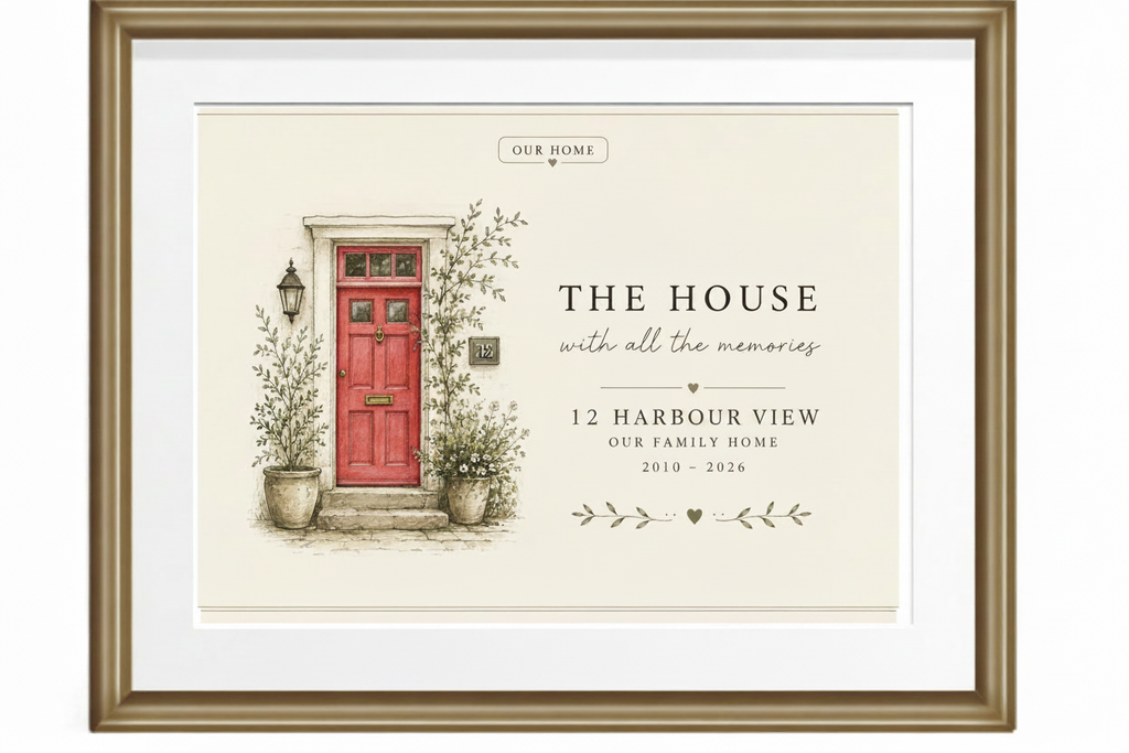 Framed canvas print showing home illustration with red front door and decorative leaf accents