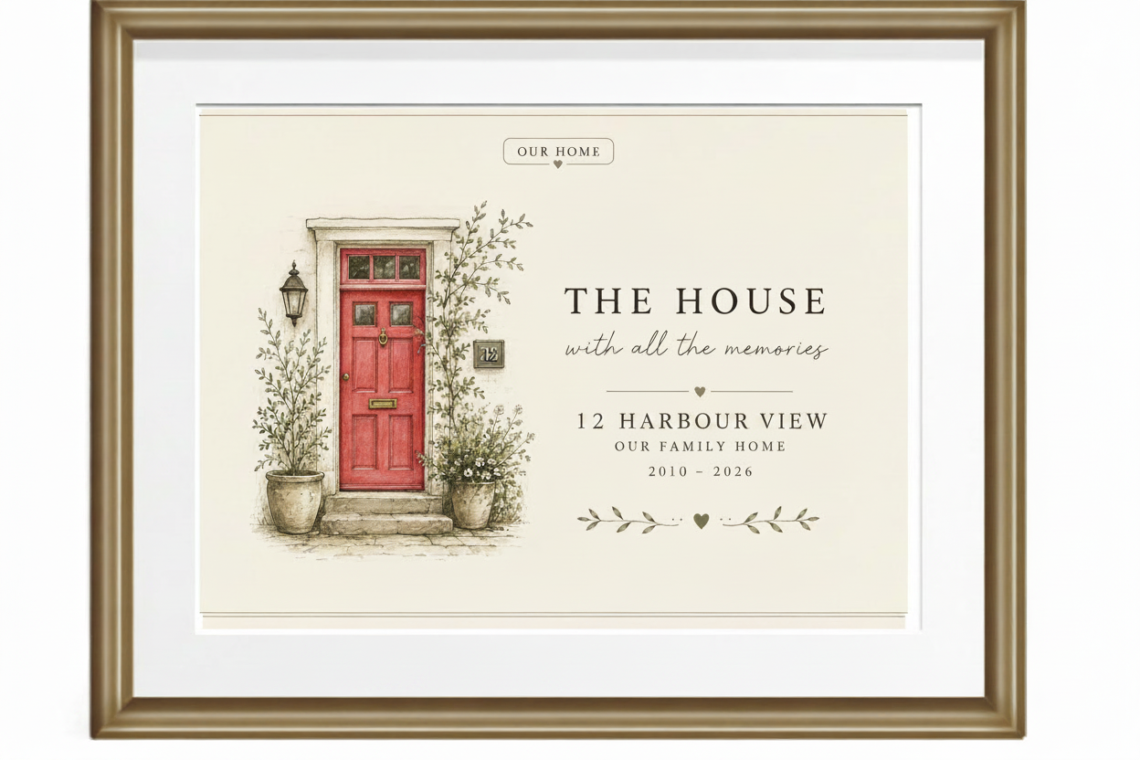 Framed canvas print showing home illustration with red front door and decorative leaf accents