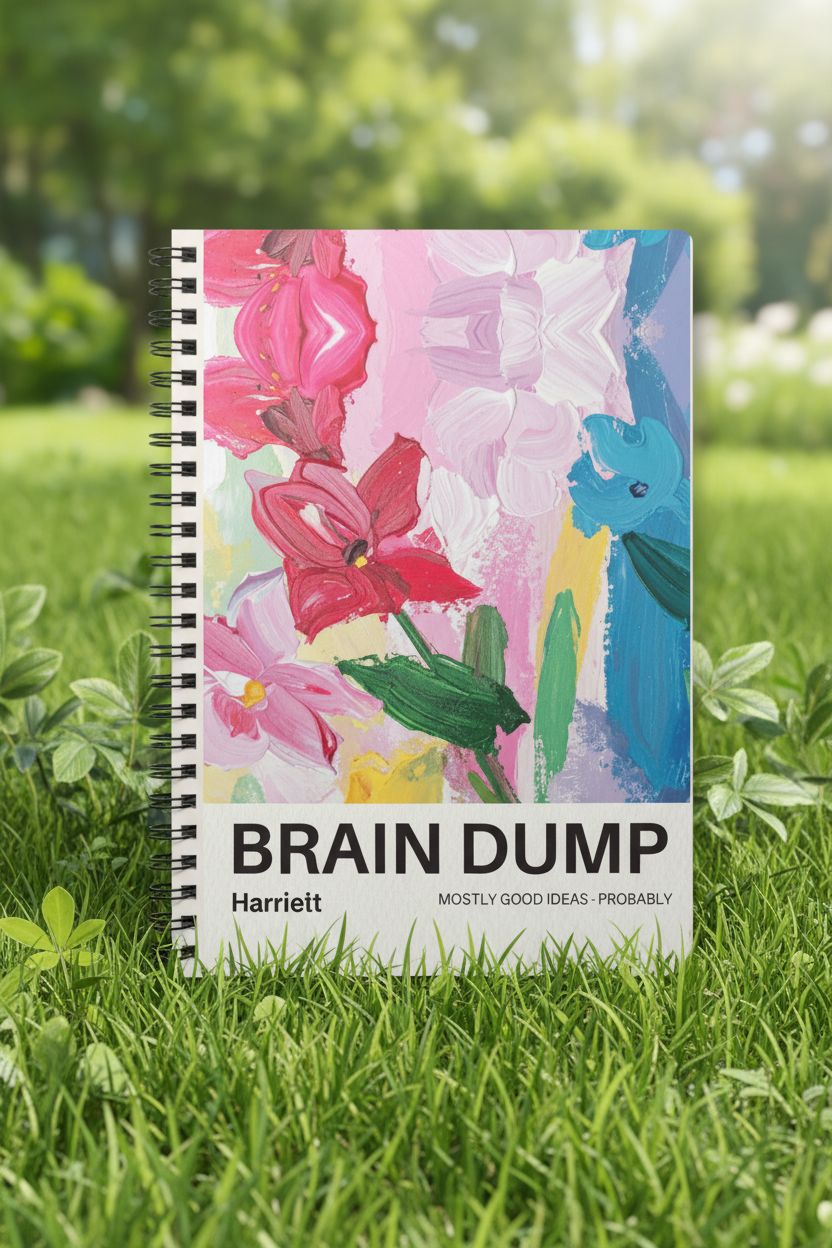 A5 spiral notebook featuring a multicolor floral “BRAIN DUMP” cover