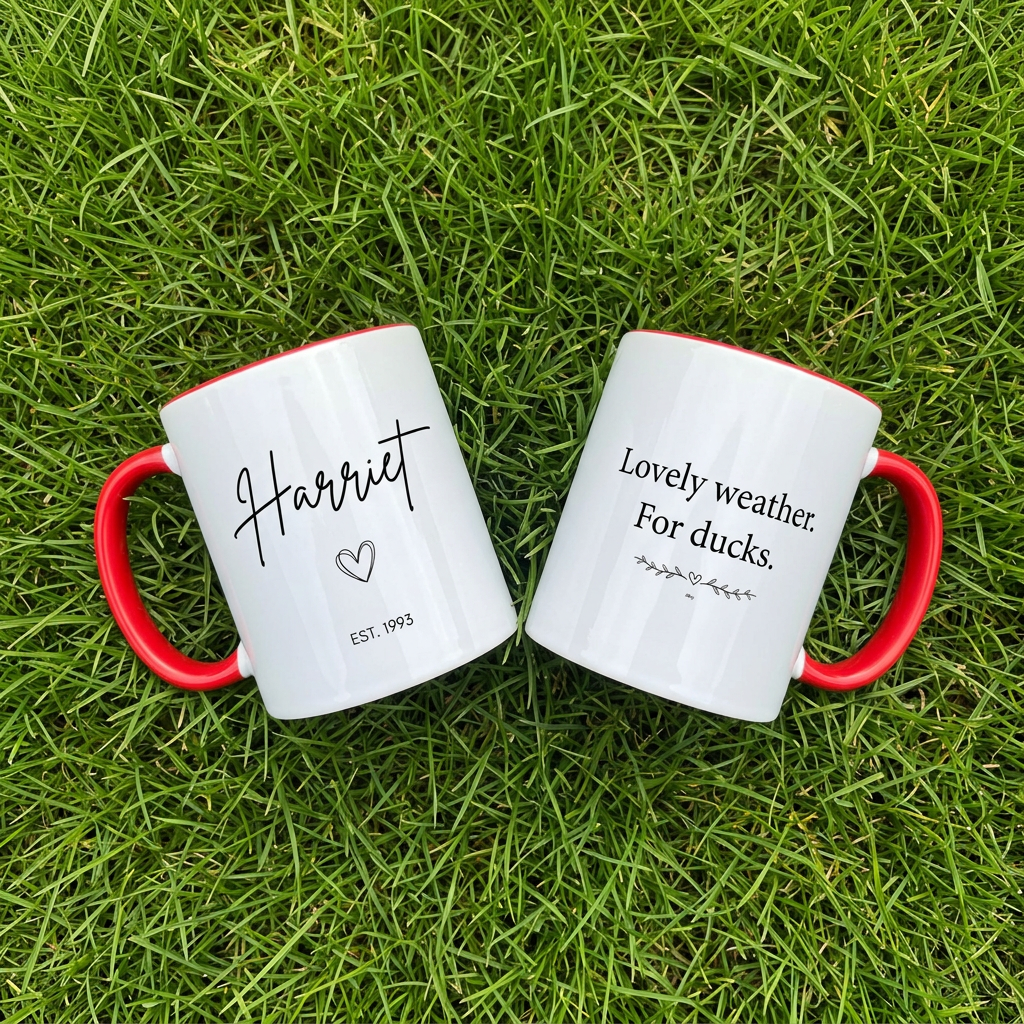 Harriet EST. 1993 red mug laid on grass with the quote Lovely weather. For ducks.