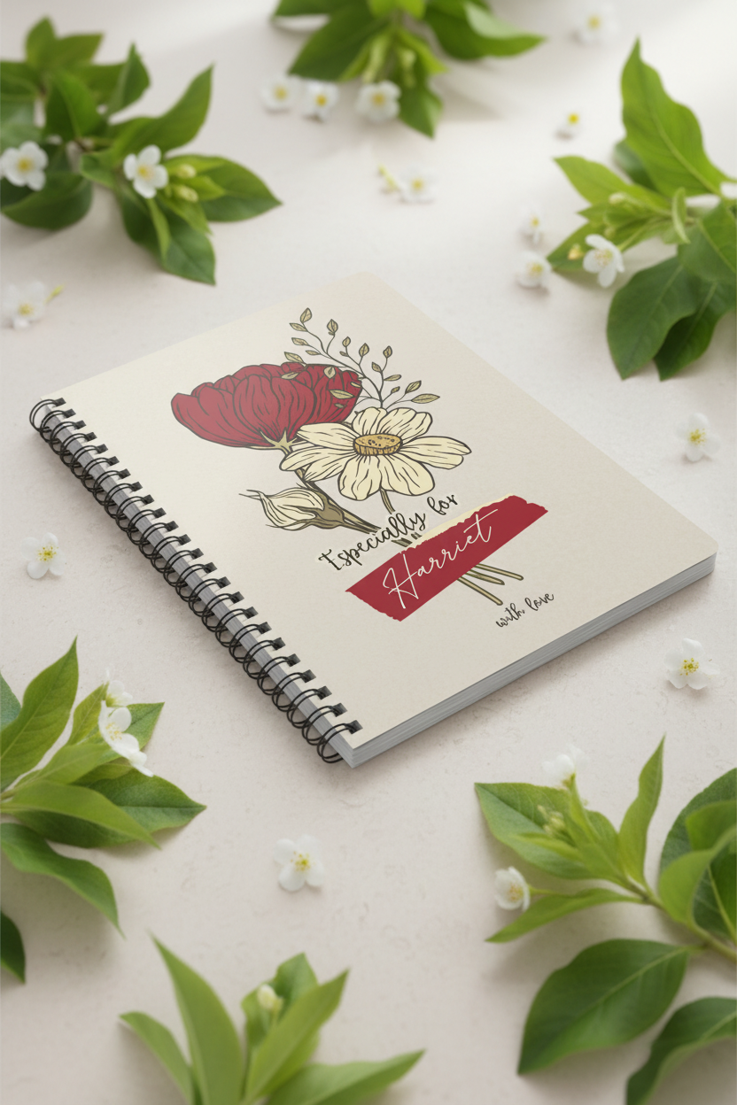 A5 floral journal notebook on surface, beige cover with red name label and flowers