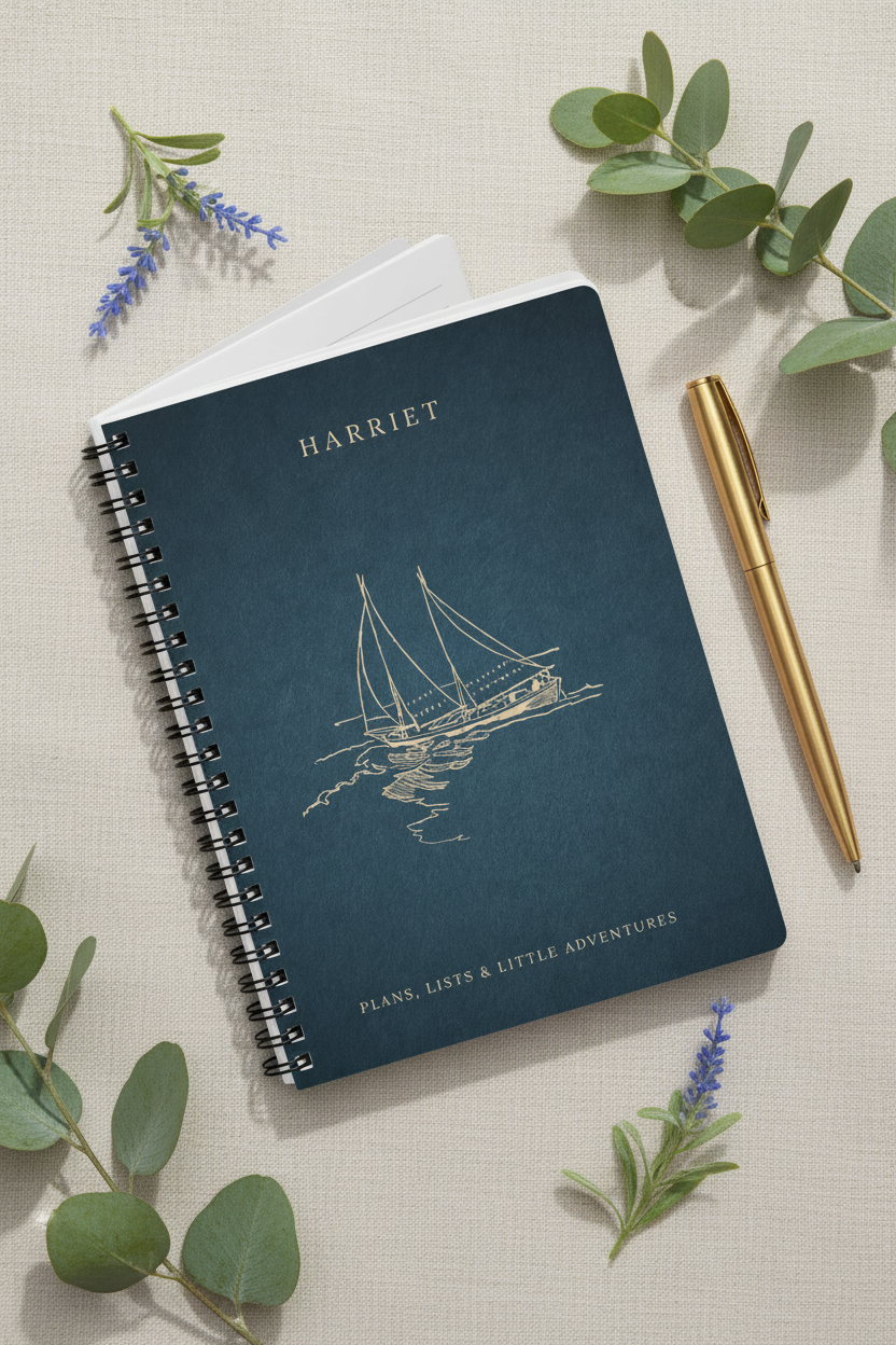 Dark teal A5 spiral notebook with sailboat cover art and personalized name