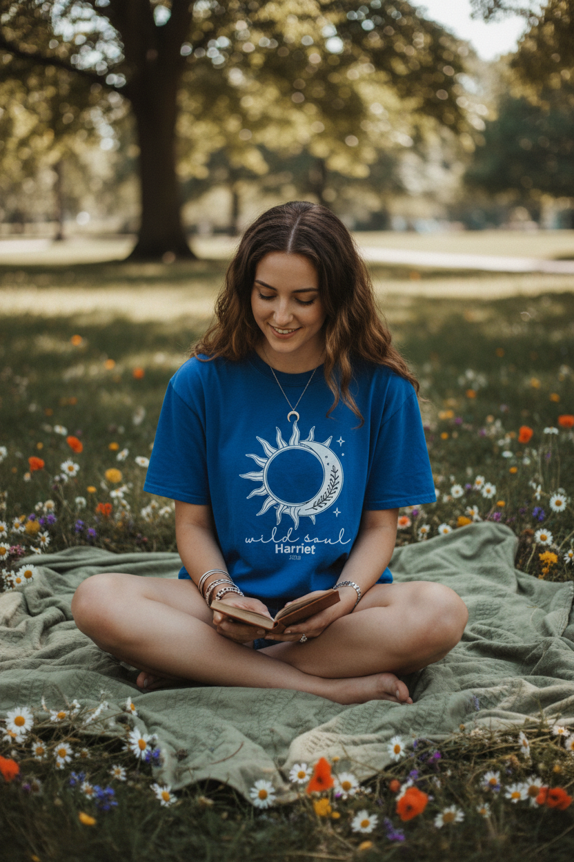 Blue graphic T-shirt with sun-and-moon emblem print on the chest.