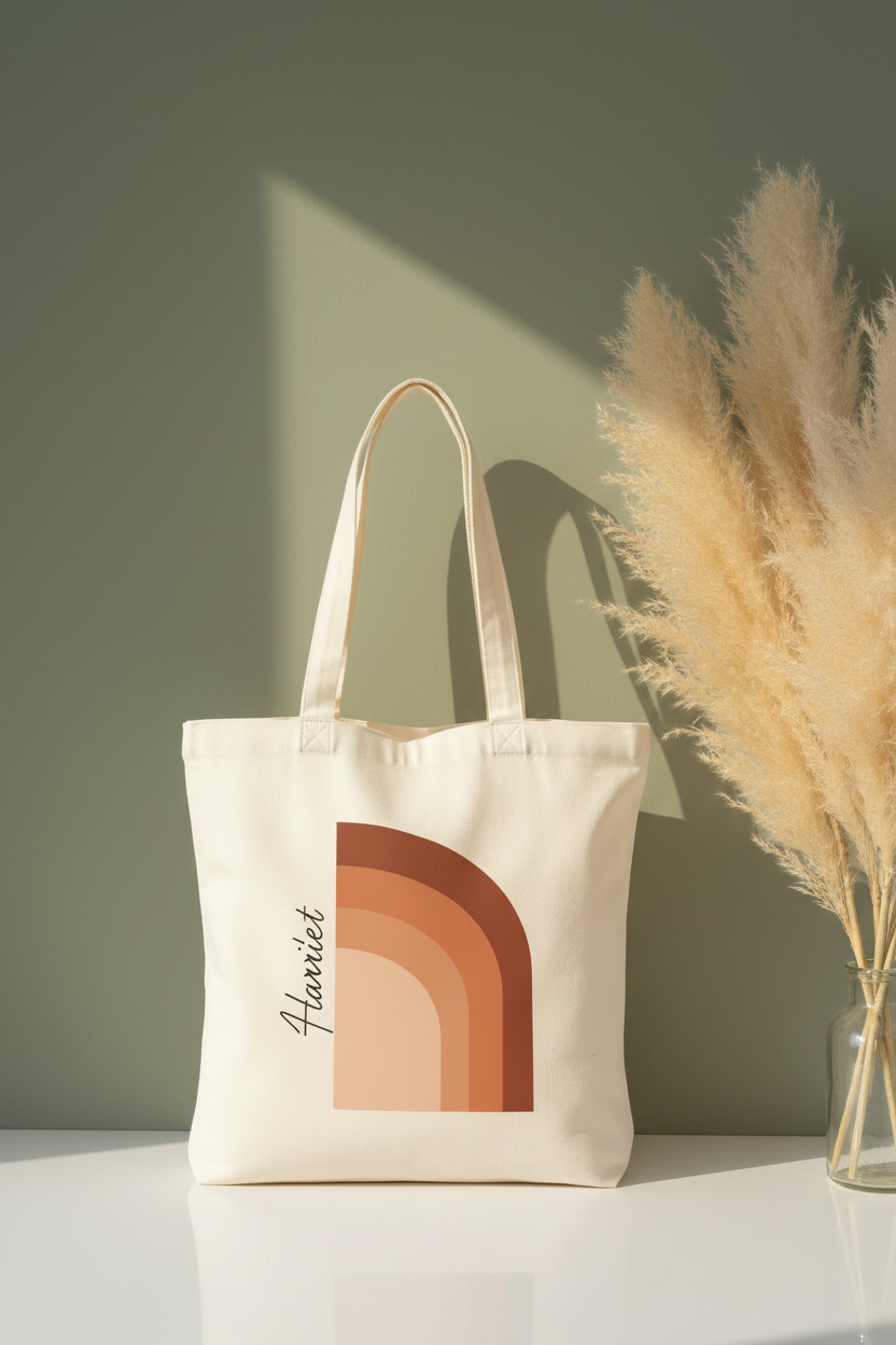 White cotton tote bag with terracotta arch print, side view with tall handles