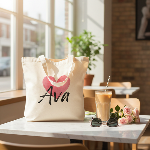 Cream cotton tote bag with “Ava” text and a red heart with bow design.