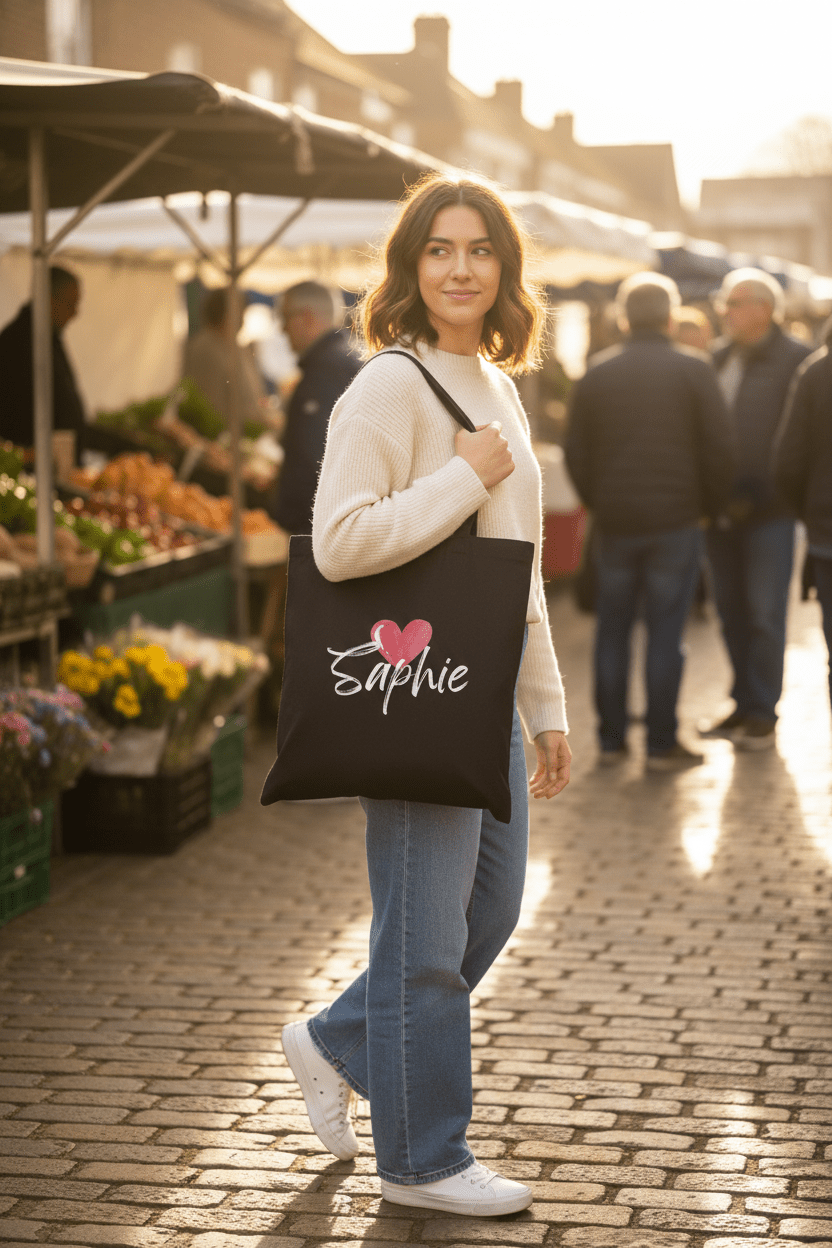 Personalised Heart Tote Bag | Custom Name Cotton Tote | Gift for Her UK - AlleyCrafters