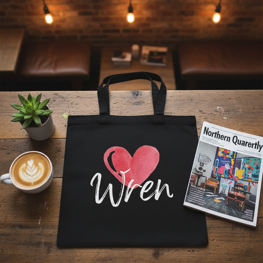 Black cotton tote bag with “Wren” script text and two red heart graphics.