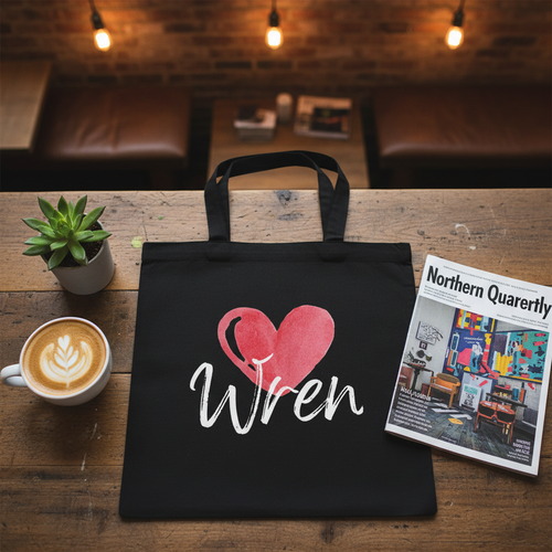 Black cotton tote bag with “Wren” script text and two red heart graphics.