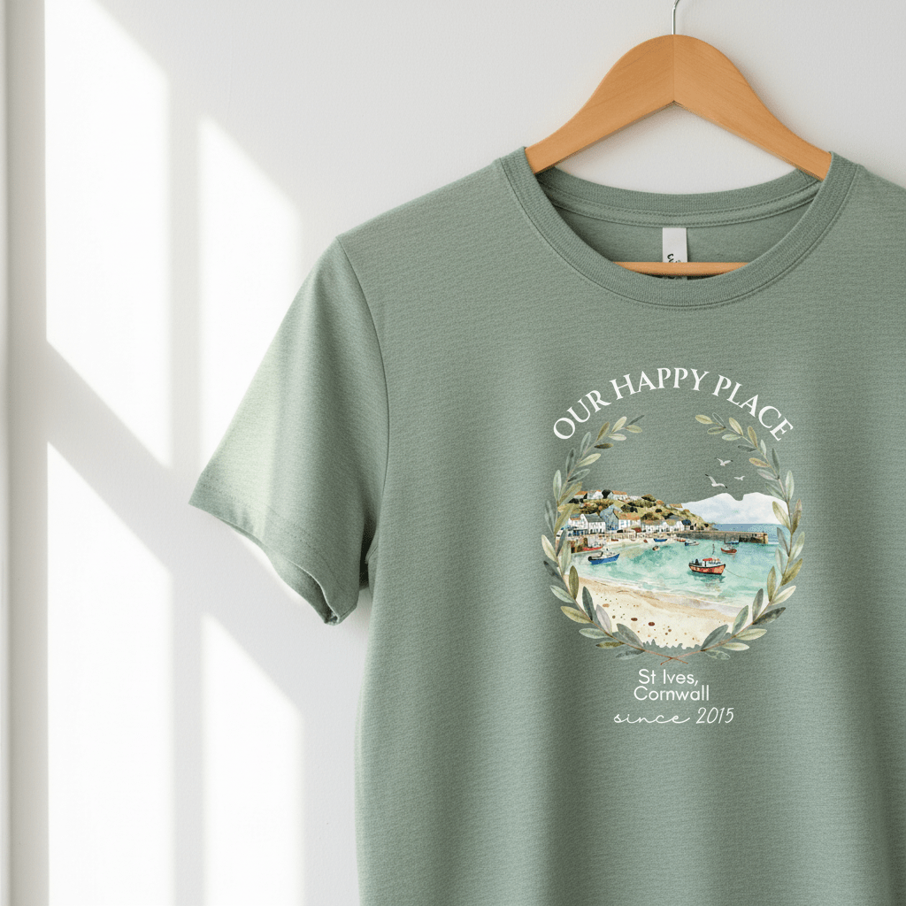 Heather green T-shirt hanging, “OUR HAPPY PLACE” wreath graphic with sea scene and “since 2015”