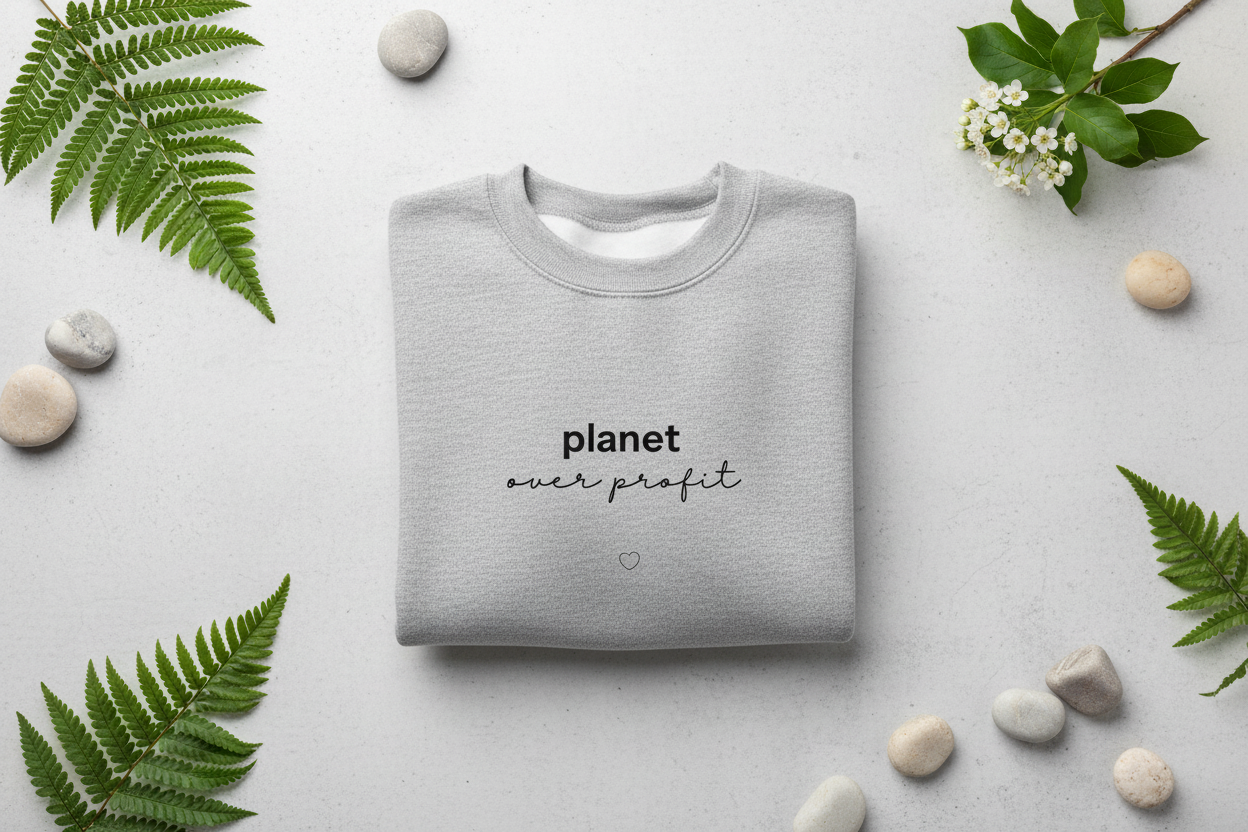 Heather gray crewneck sweatshirt with 'planet over profit' text and small heart