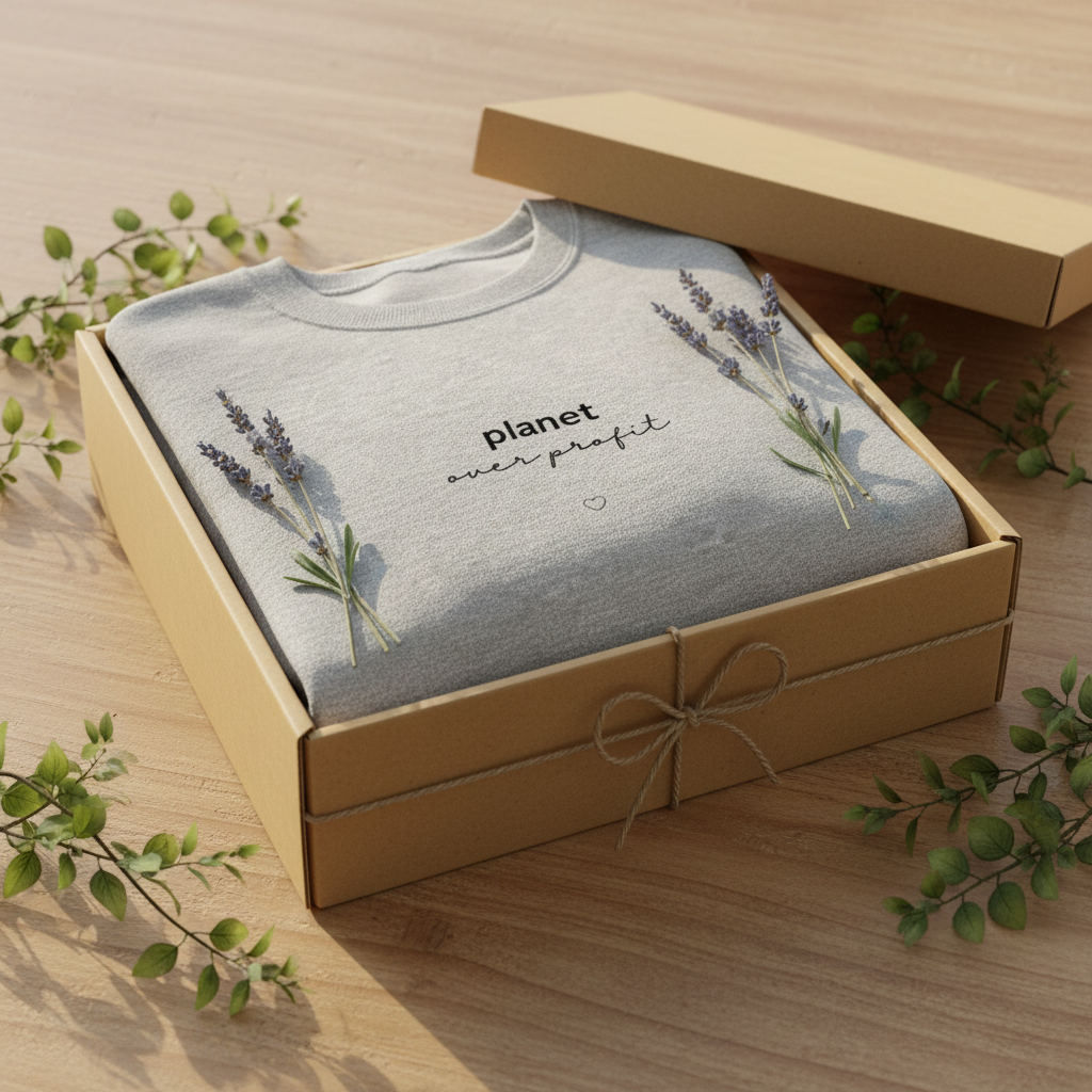 Heather gray crewneck sweatshirt in a gift box, chest print reads 'planet over profit'