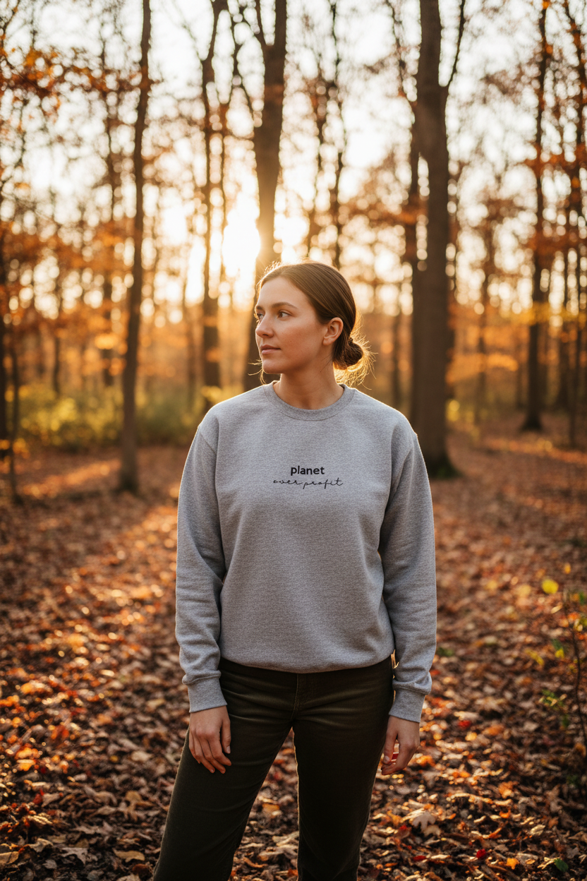 Heather gray crewneck sweatshirt with 'planet over profit' logo on the chest