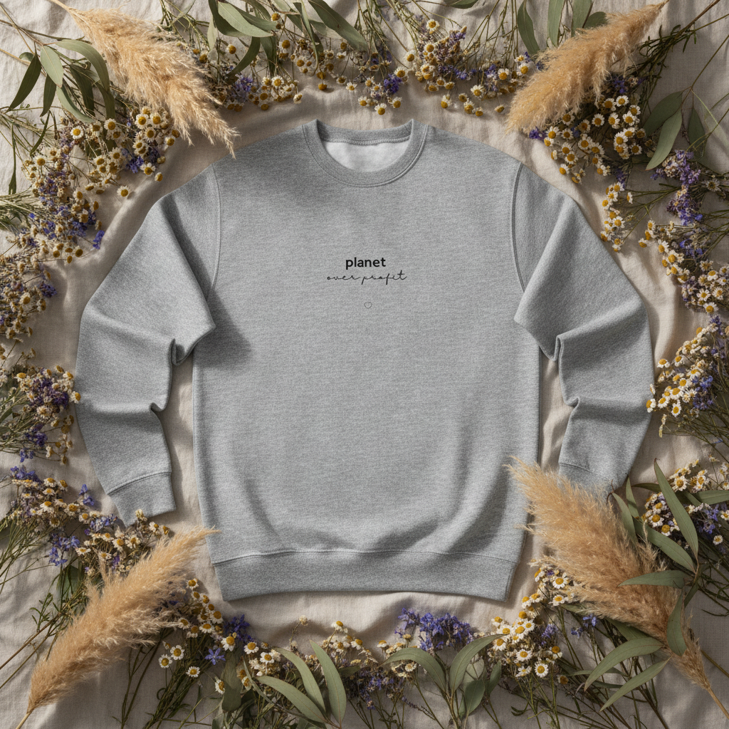 Heather gray crewneck sweatshirt close-up of chest text 'planet over profit' and heart