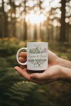 White mug with floral wreath, "Lucas & Grace", July 18, 2025