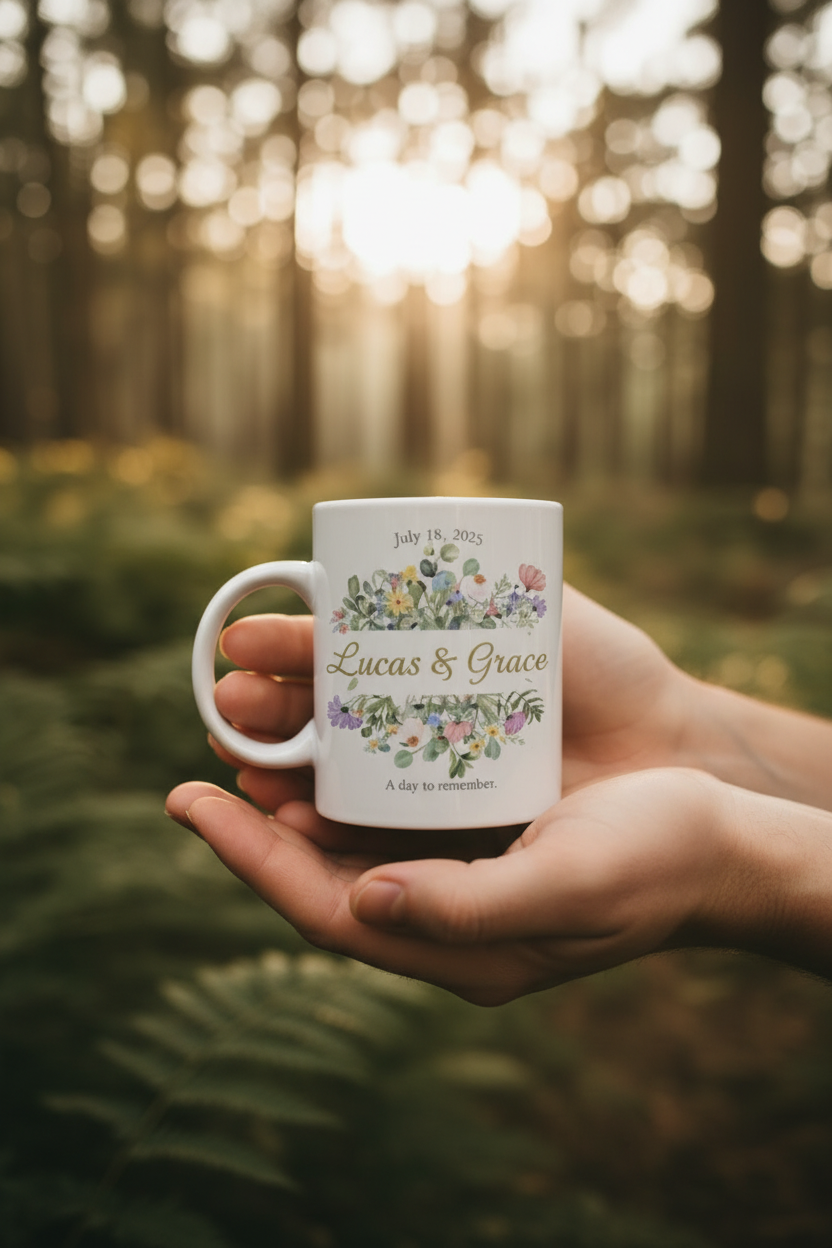 White mug with floral wreath, "Lucas & Grace", July 18, 2025