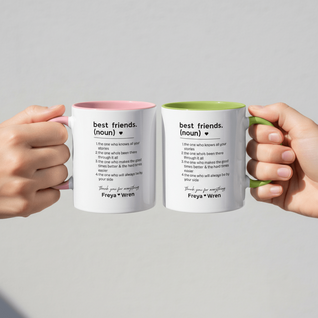Personalised friendship mug pair, white with pink and green inner rims and names