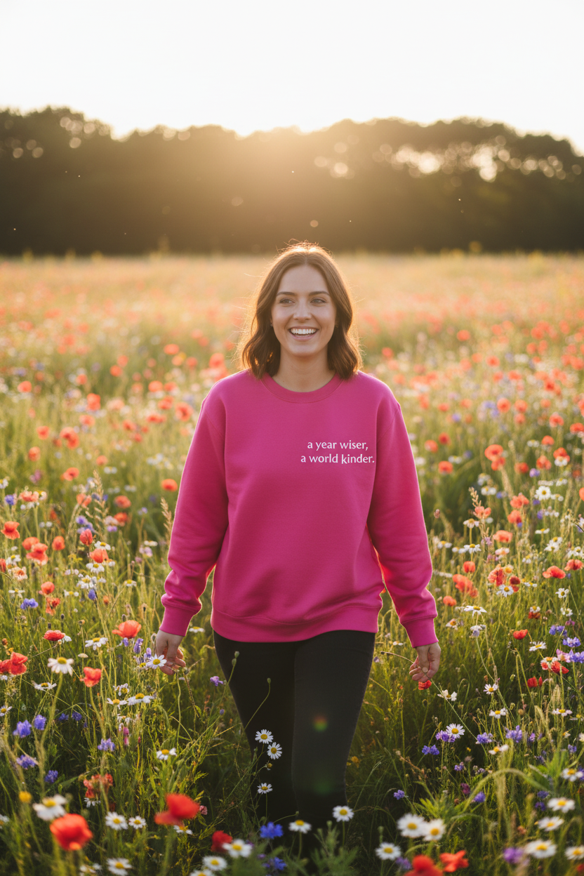 Pink crewneck sweatshirt with long sleeves and chest quote print, relaxed fit