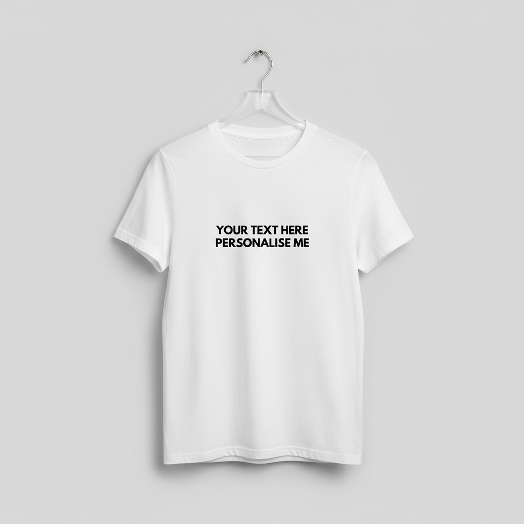 White unisex T-shirt with printed “YOUR TEXT HERE” and “PERSONALISE ME”