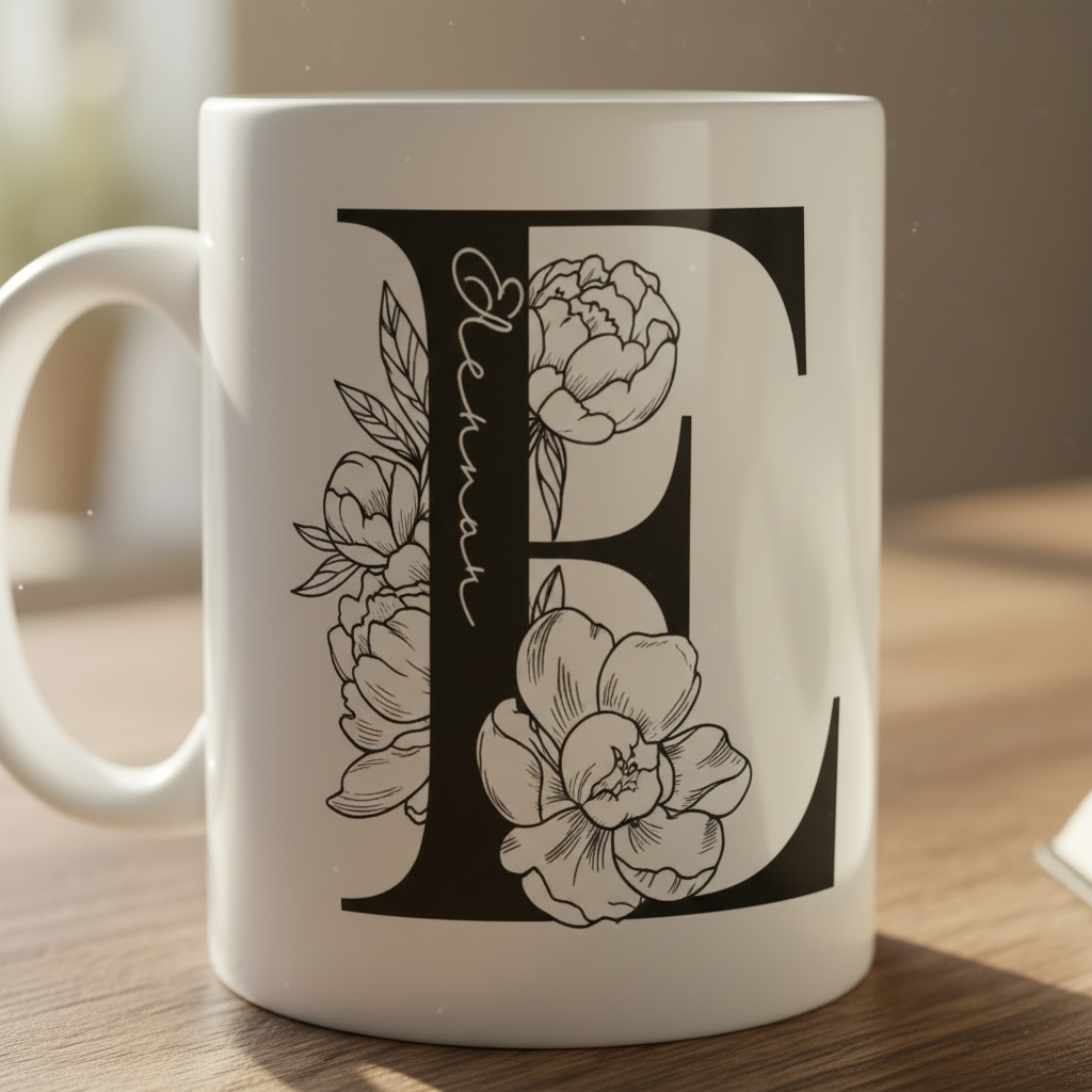 White mug close-up with black letter D and floral line art