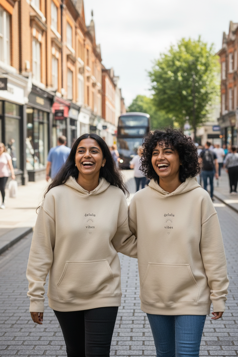 Beige hoodie with front pocket and small chest logo print
