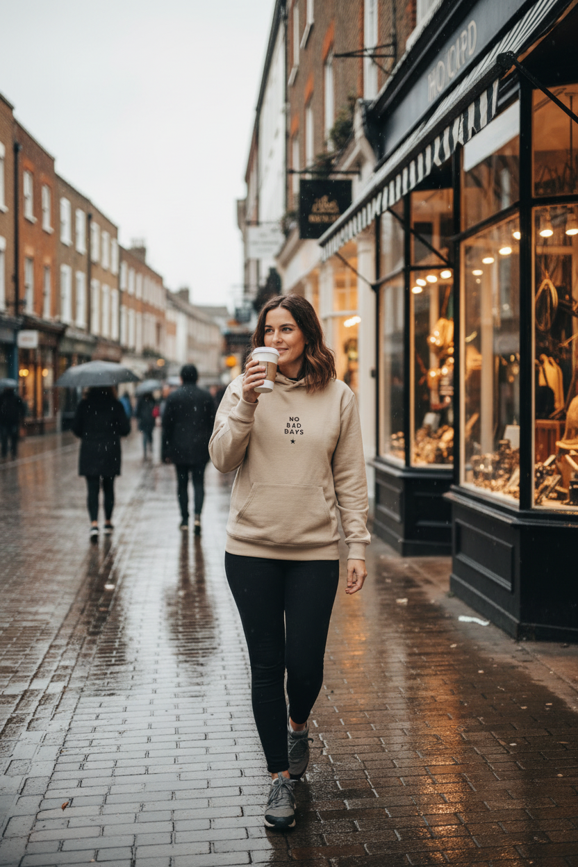Beige "No Bad Days" hoodie with drawstring hood and kangaroo pocket