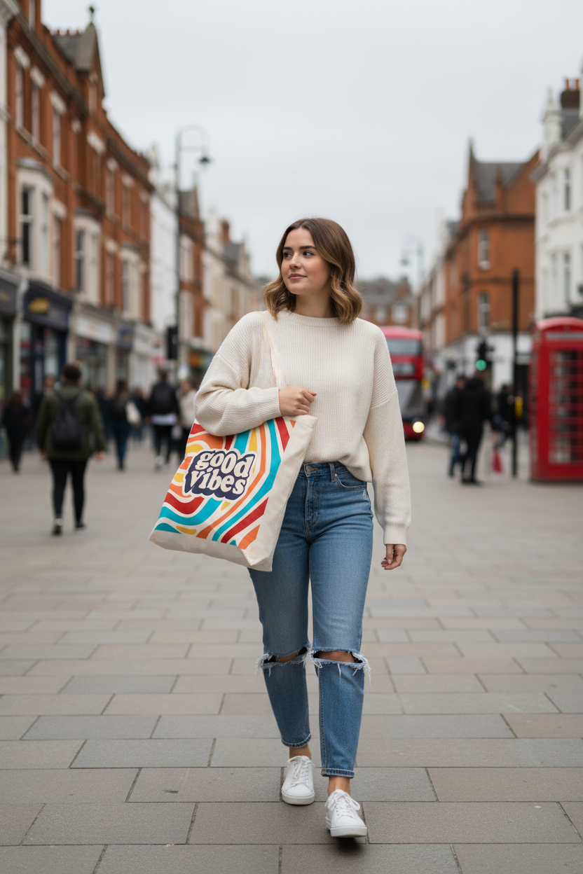 White canvas tote bag with 'good vibes' retro print carried on the street