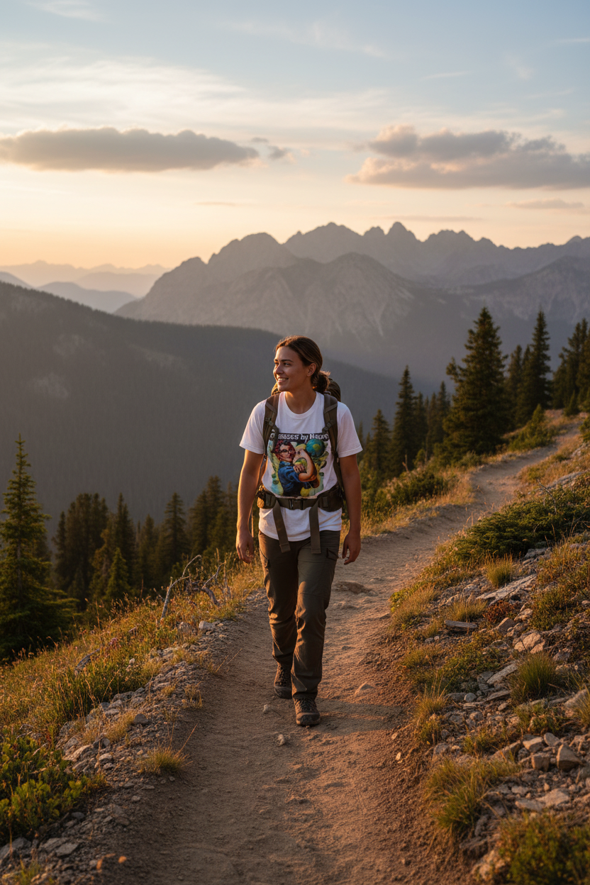 White graphic T-shirt on person hiking trail, 'Empowered by Nature' nature character print
