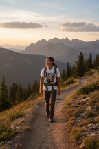 White graphic T-shirt on person hiking trail, 'Empowered by Nature' nature character print