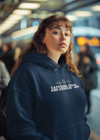 Dark blue hoodie sweatshirt with hood and 'Caffeine, Chaos, and Cuddles' chest graphic