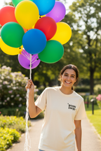 White crew-neck short-sleeve T-shirt with 'Birthday Energy' chest logo