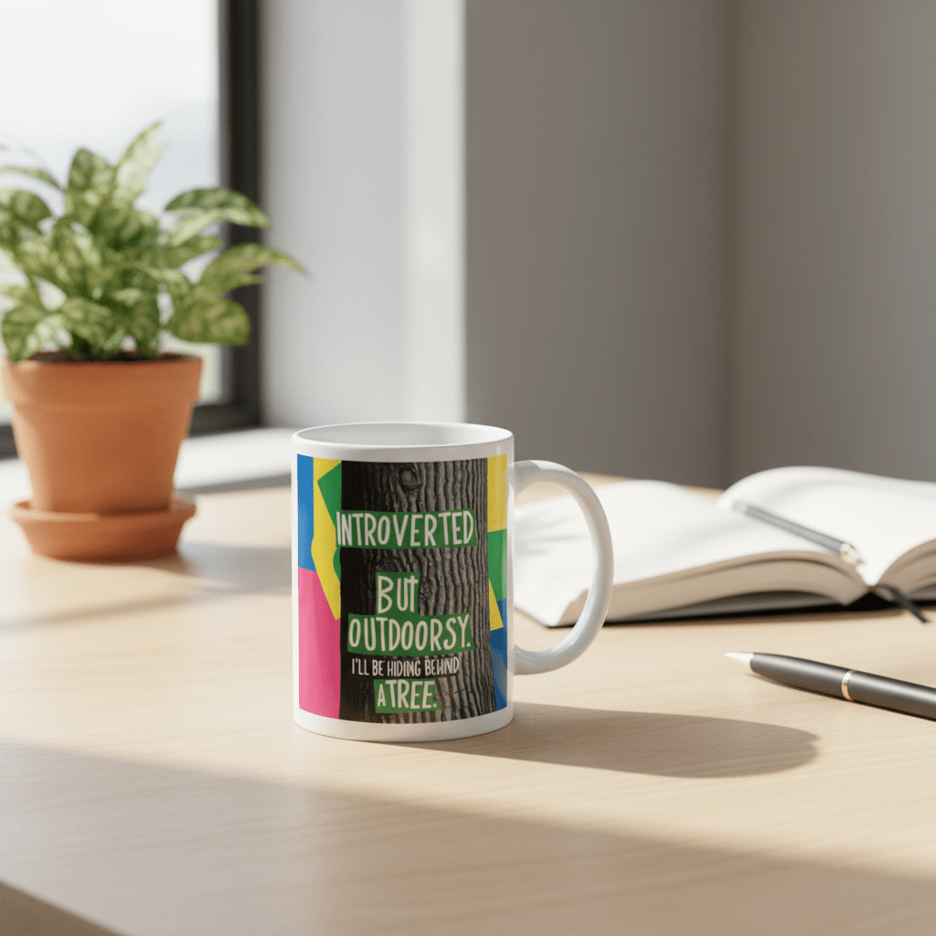 White ceramic mug with green “Introverted” print and pink “Outdoorsy” design panel.