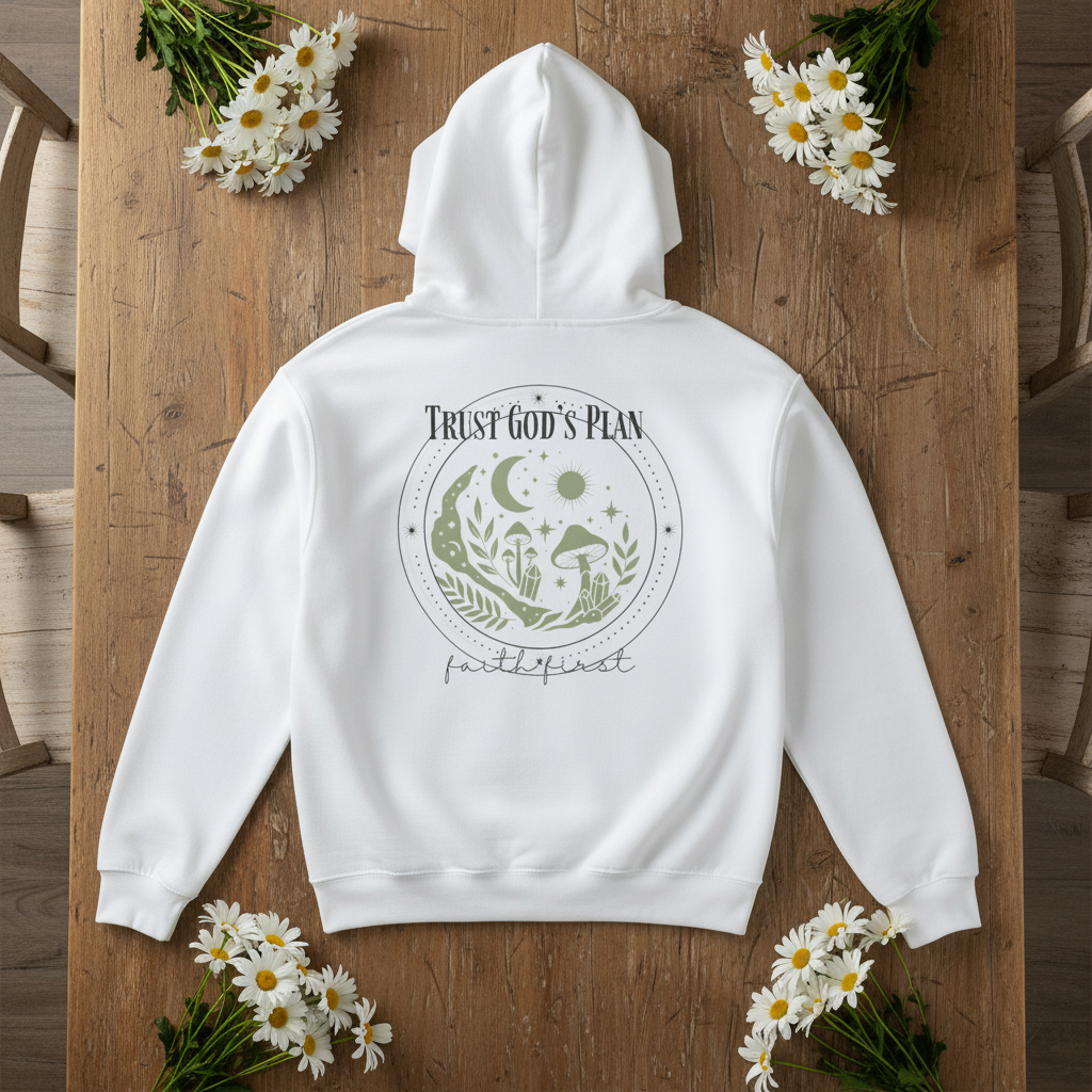White hoodie with 'Trust God's Plan' wolf emblem centered on back, hood up