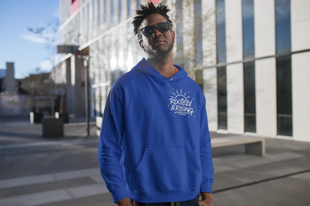 Royal blue hoodie with hood and front pocket, Rooted & Rising chest logo